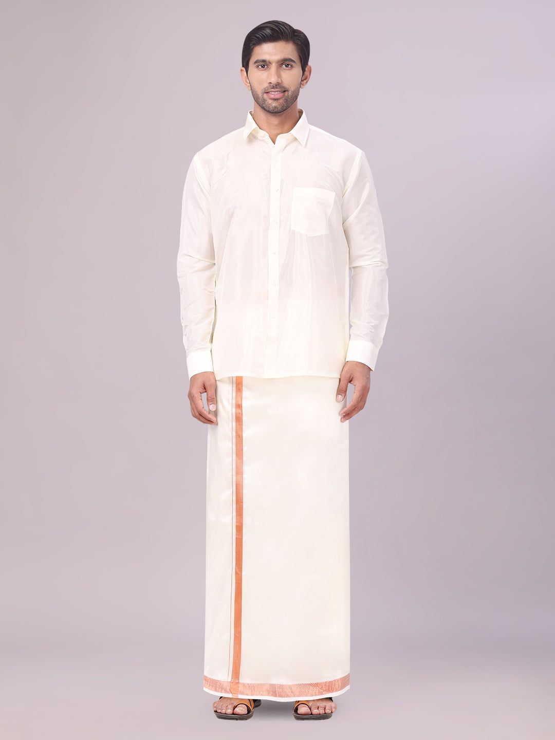 Men's Art Silk Cream Full Sleeves Shirt with Copper Jari Border Dhoti Combo Finesse-36 / F/S / Cream