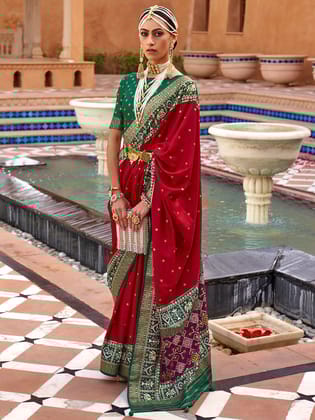 Cherry Red  Printed Patola Handloom Soft Silk Saree