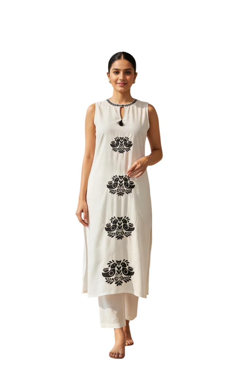 Women Off-White Embroidered Kurta Set with Pants | Sleeveless A-Line Ethnic Kurta for Casual, Office & Festivals