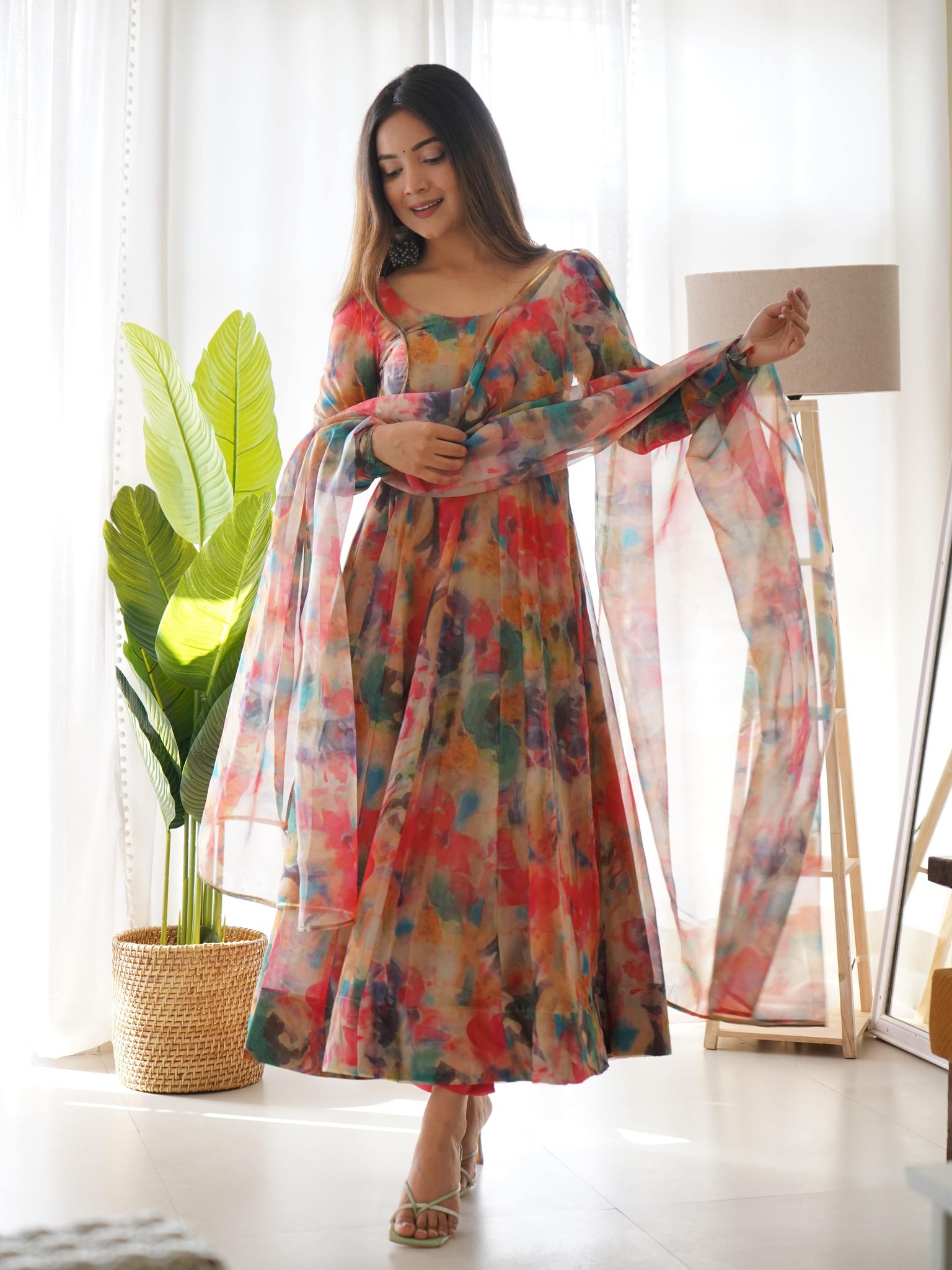 Tabby Organza Silk Fabric Fully Flared Kali Pattern with Canvas Patta, Dupatta Set, and Pant - Ready to Wear.-xs