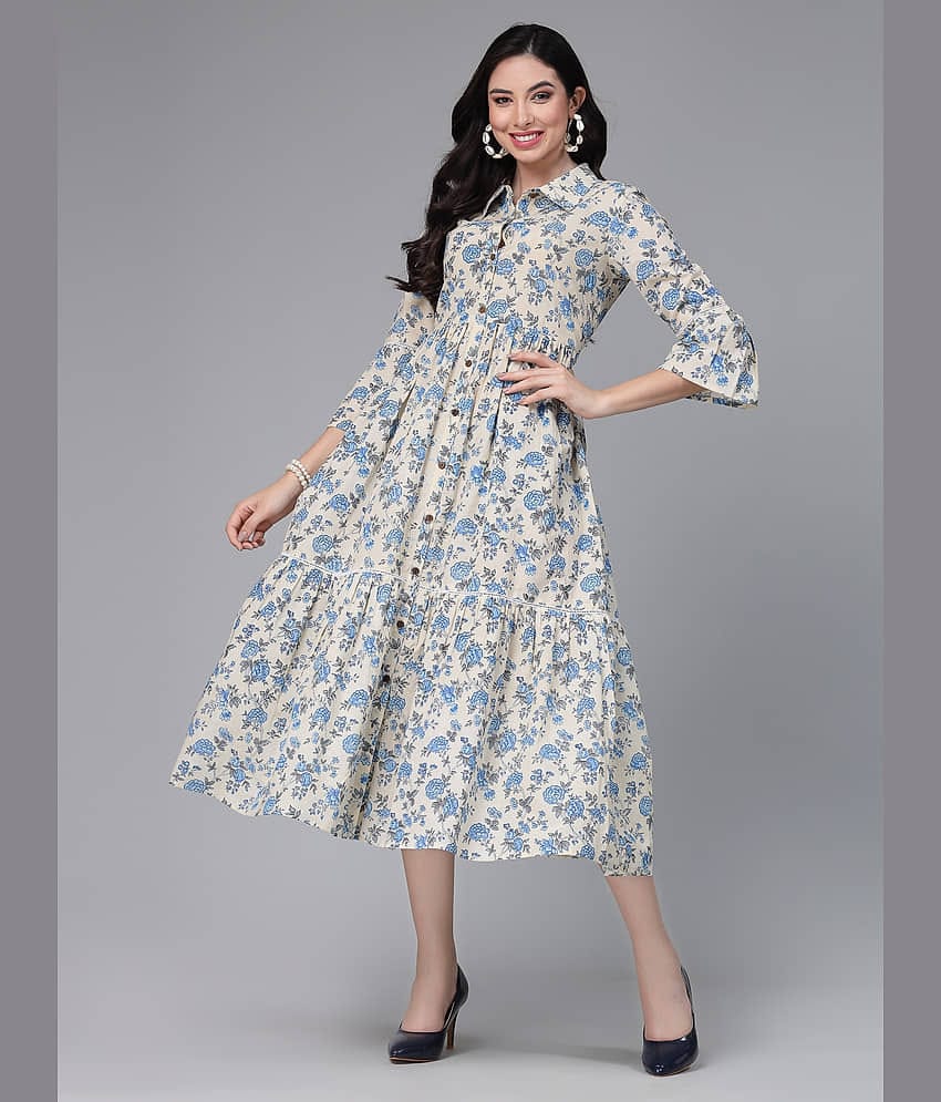 Stylum Cotton Printed Midi Women's Shirt Dress - Cream ( Pack of 1 )