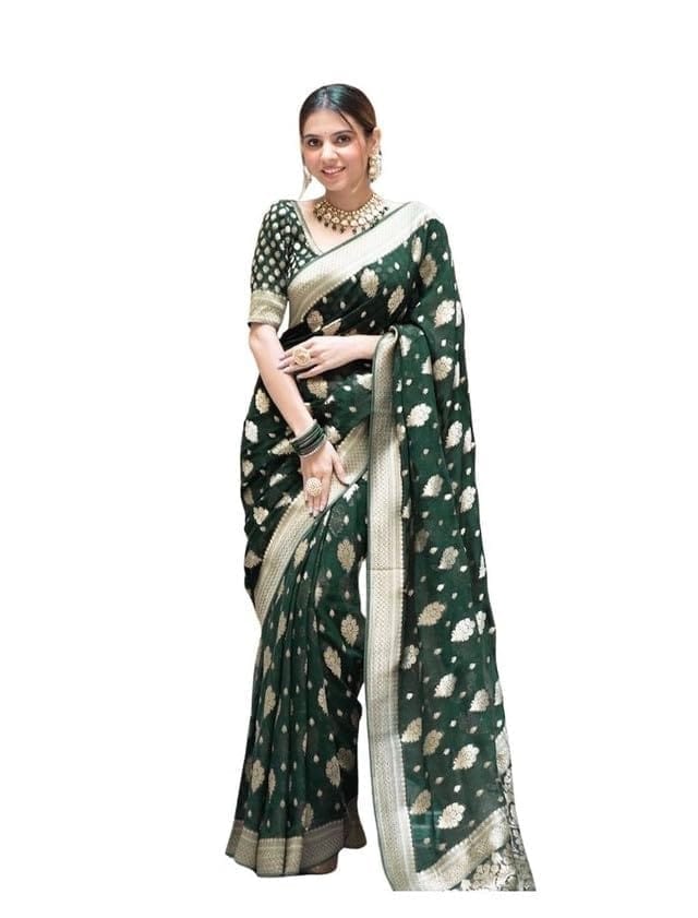 Women's Soft Lichi Silk Printed Saree With Unstitched Blouse 5.5Mtr (Green)-PID63644