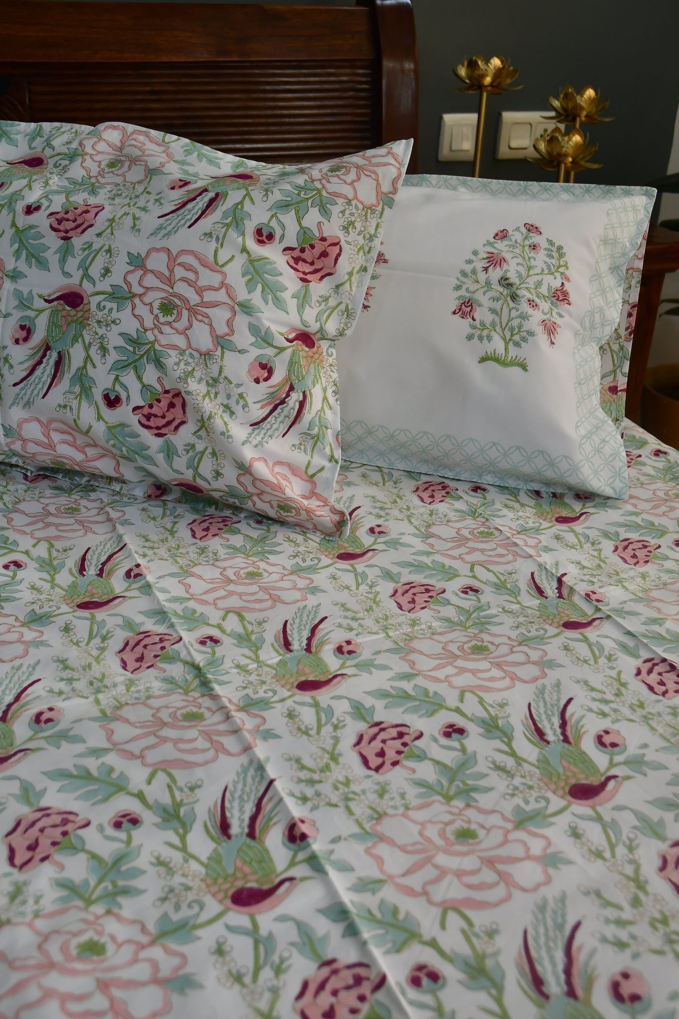 Floral and Bird Bedsheet : Handblock, Jaipuri King 90x108 inches