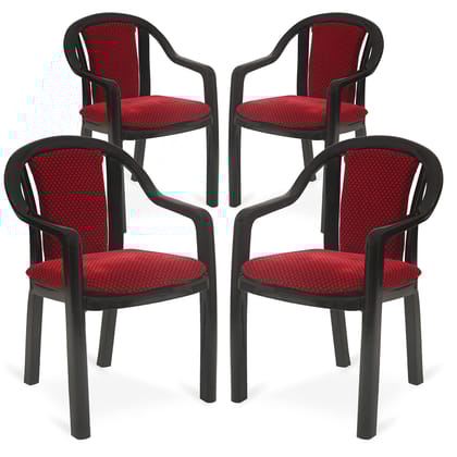 Supreme Furniture Ornate Plastic Cushion Chair with-Arm Suitable for Home, Garden, Office, Living Room, Cafeteria, Restaurant, Hotel, Resort and Indoor(Set of 4, Black-Red)