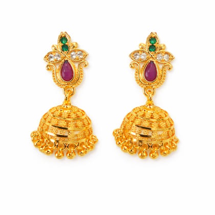 MISHTI CREATIONS Heritage Gold-Plated Jhumka Earrings with Ruby & Emerald Accents MISHTI CREATIONS Heritage Gold-Plated Jhumka Earrings with Ruby & Emerald Accents