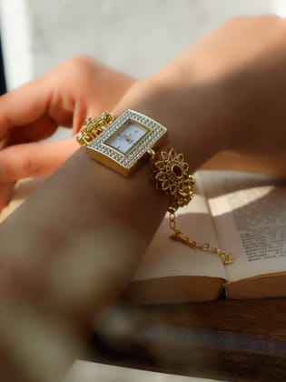 Anya Green-Red Kundan Wrist Watch-Multicolored