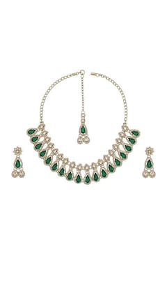 Gold Tone Necklace Set with Green Teardrop Stones, Matching Earrings, Traditional Indian Jewelry