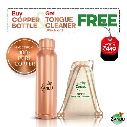 Zandu Copper Bottle (950 ml) with Free Copper Tongue Cleaner (Pack of 2)