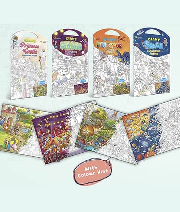 GIANT PRINCESS CASTLE COLOURING POSTER, GIANT CIRCUS COLOURING POSTER, GIANT DINOSAUR COLOURING POSTER and GIANT SPACE COLOURING POSTER | Combo pack of 4 Posters I large colouring posters for adults