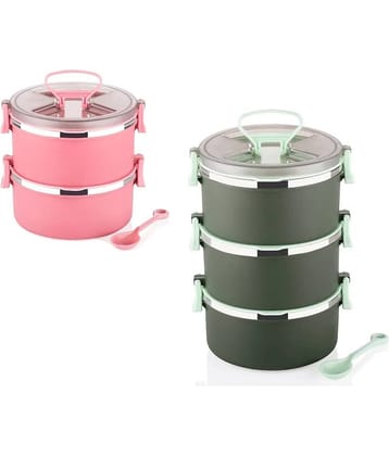 Analog Kitchenware Kids/Adult/Office Stainless Steel School Lunch Boxes 3 - Container ( Pack of 2 )