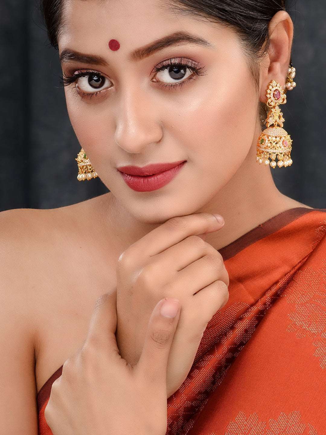 Gold Plated Multi stone studded Jhumka Earrings