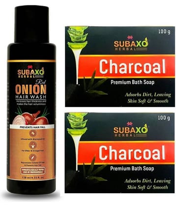 Red Onion Herbal Hair Wash | Prevents Hair Fall |Makes Hair Silkier & Stronger 120 Ml & Charcoal Soap 2 Pc Each 100 G