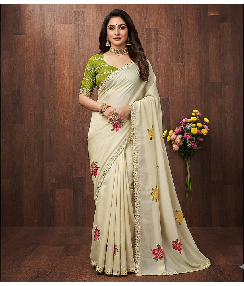 Sitanjali Lifestyle Silk Blend Printed Regular Saree With Unstitched Blouse Piece ( Cream )