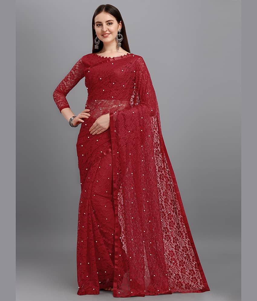 VANRAJ CREATION Net Self Design Saree With Unstitched Blouse Piece ( Maroon )