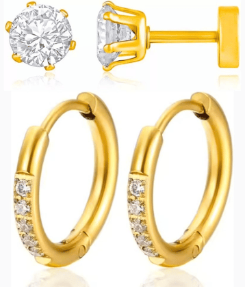 Style Wind Elegant Gold-Plated Combo Earrings for Women & Men | Crystal Studs and Sparkling Hoop Earrings Set | Party & Daily Wear Jewelry Gift