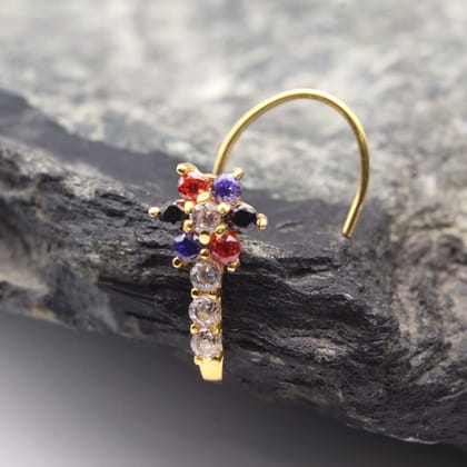 Indian Flower vertical 14k Real Gold CZ Corkscrew Nose Stud 24g-Left Nostril