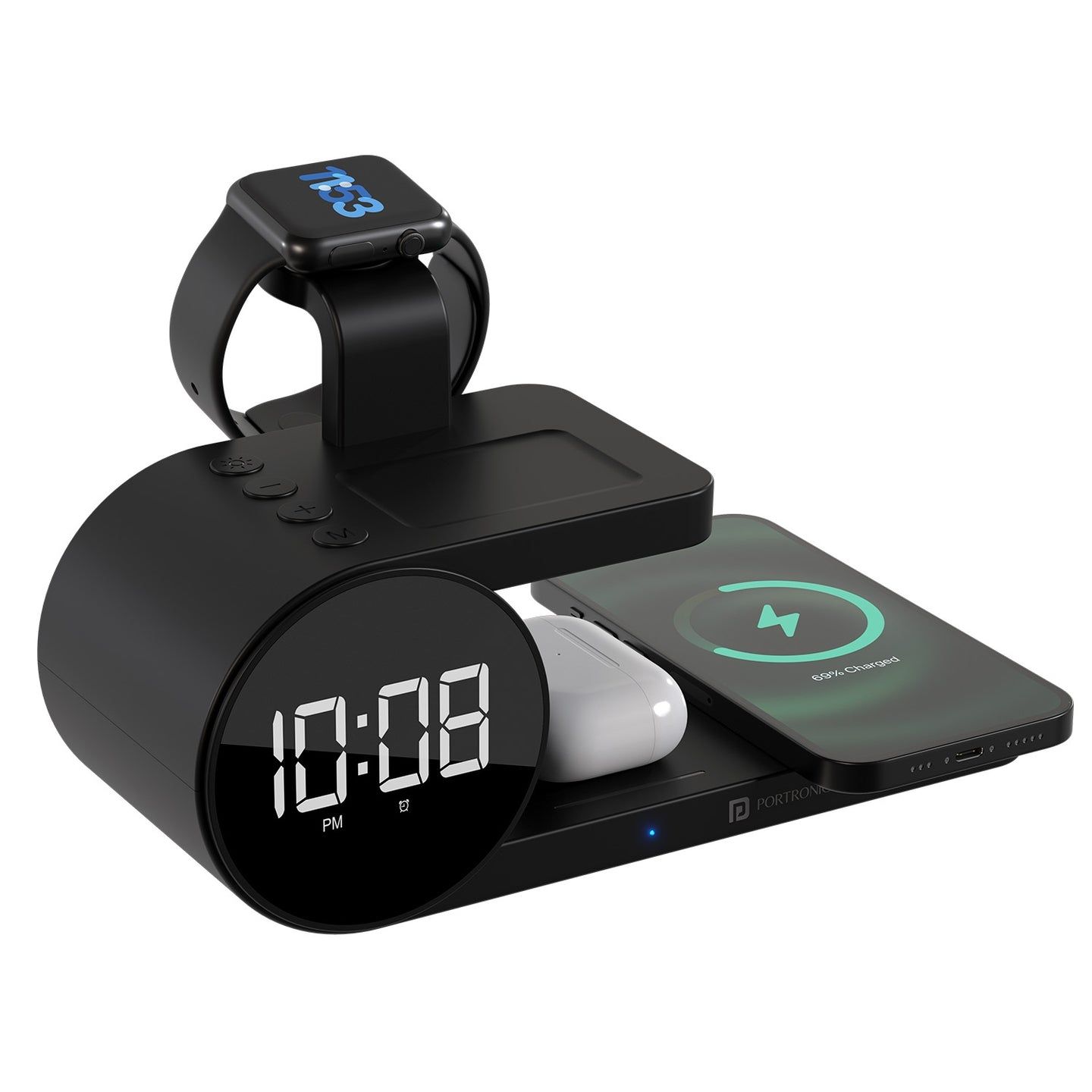 Portronics Freedom 6, 15W Wireless Charging, Digital Clock, Alarm Setting, Smartwatch/Earbuds Wireless Charging - Black