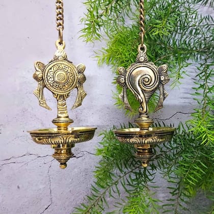 Brass Shank Chakra Hanging Lamp Set - 21 inch Height | Decorative Brass Hanging Lamp Set with Shank and Chakra Design