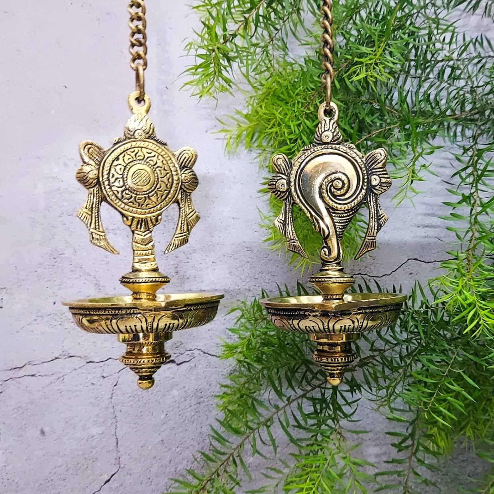 Brass Shank Chakra Hanging Lamp Set - 21 inch Height | Decorative Brass Hanging Lamp Set with Shank and Chakra Design