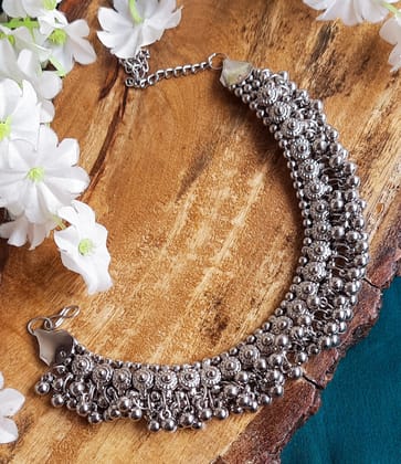 Antique Oxidised Silver Beaded Choker Necklace