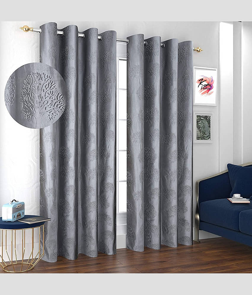 Kraftiq Homes Textured Semi-Transparent Eyelet Curtain 7 ft ( Pack of 2 ) - Light Grey