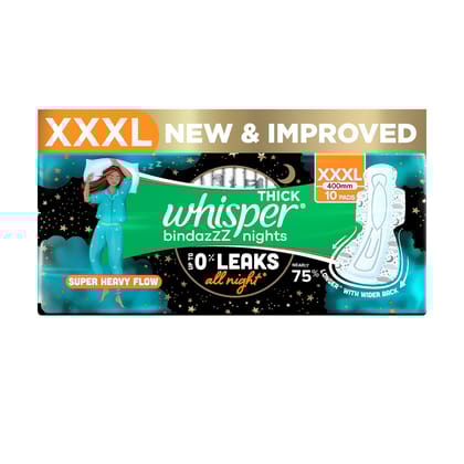 WHISPER BINDAZZZ NIGHTS SANITARY PADS, 10 XXXL PADS, UPTO 0% LEAKS ALL NIGHT LONG, FOR HEAVY FLOW, 75% LONGER & WIDER BACK, COMFORTABLE CUSHIONY SOFT...