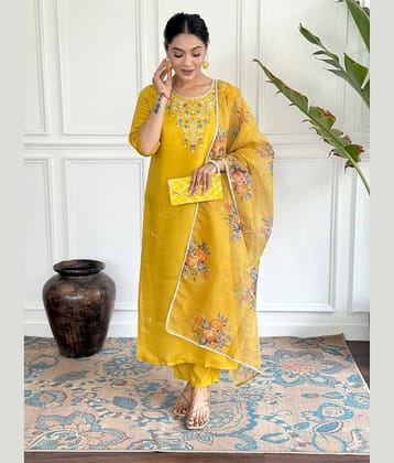 Mahek Fashion Chanderi Embroidered Kurti With Pants Women's Stitched Salwar Suit - Yellow ( Pack of 1 )