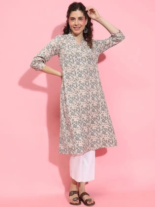 Rose Pink Floral Print V-Neck 3/4 Sleeve Tunic for Women of All Ages-L