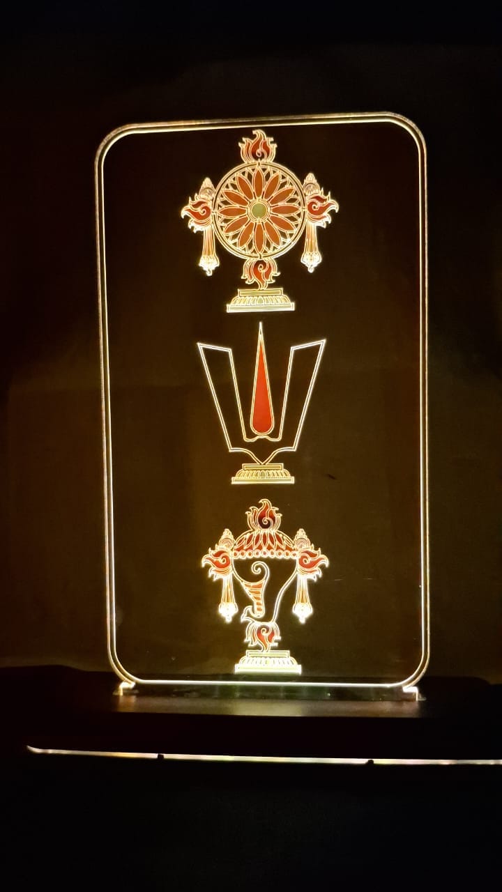 Gifting Sri Balaji shank.chakra and Namam in Acrylic engraving LED multicolour with chargeable base