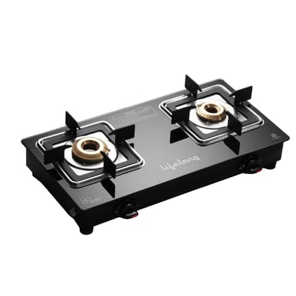 Lifelong Gas Stove 2 Burner | Premium Brass Burners, Glass Top, Manual Ignition | Square Pan Support, ISI Certified LPG Stove for Modular Kitchen | Black, 1 Year Warranty Lifelong Gas Stove 2 Burner | Premium Brass Burners, Glass Top, Manual Ignition | S
