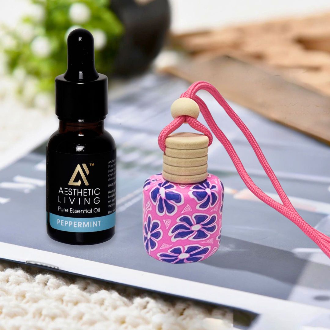 Aesthetic Living Floral Car Aromatizer/ Diffuser Bottle with Essential Oil (Multi Shape Floral-10 ml+ Peppermint Essential Oil, 15 ml)