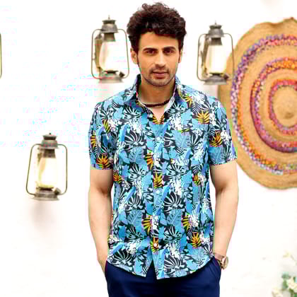 Philodendron Selloum Plant Blue Casual Pure Linen Half Shirt (Size - S) by BLUE EAGLE