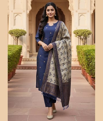 kedar fab Women Silk Blend Self Design Straight Kurti With Pants ( Blue )