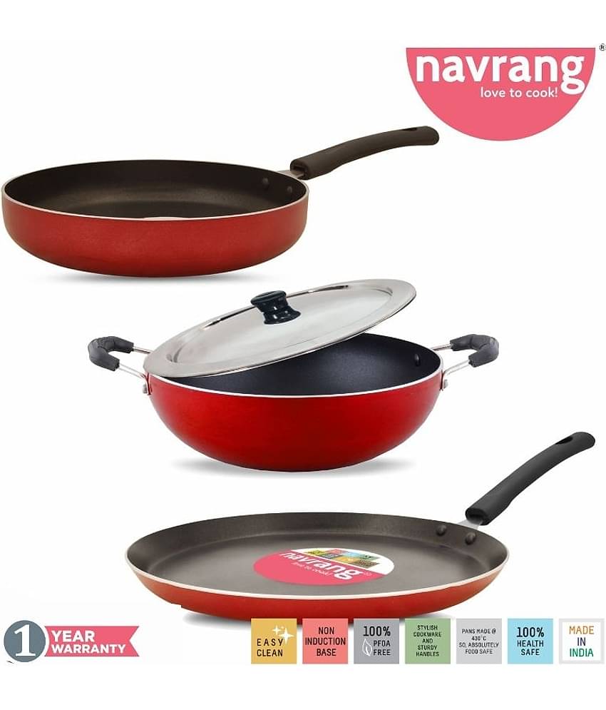 Navrang Non Stick 3pc Cookware Set Kadai 23cm, Tawa 27.5cm, Frypan 23cm with SS Lid, Red
