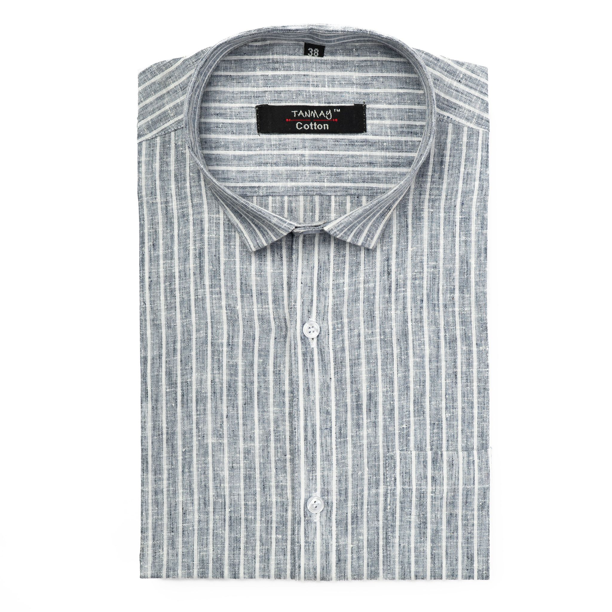 Grey Color Cotton Stripes Shirts For Men-38/M / Full