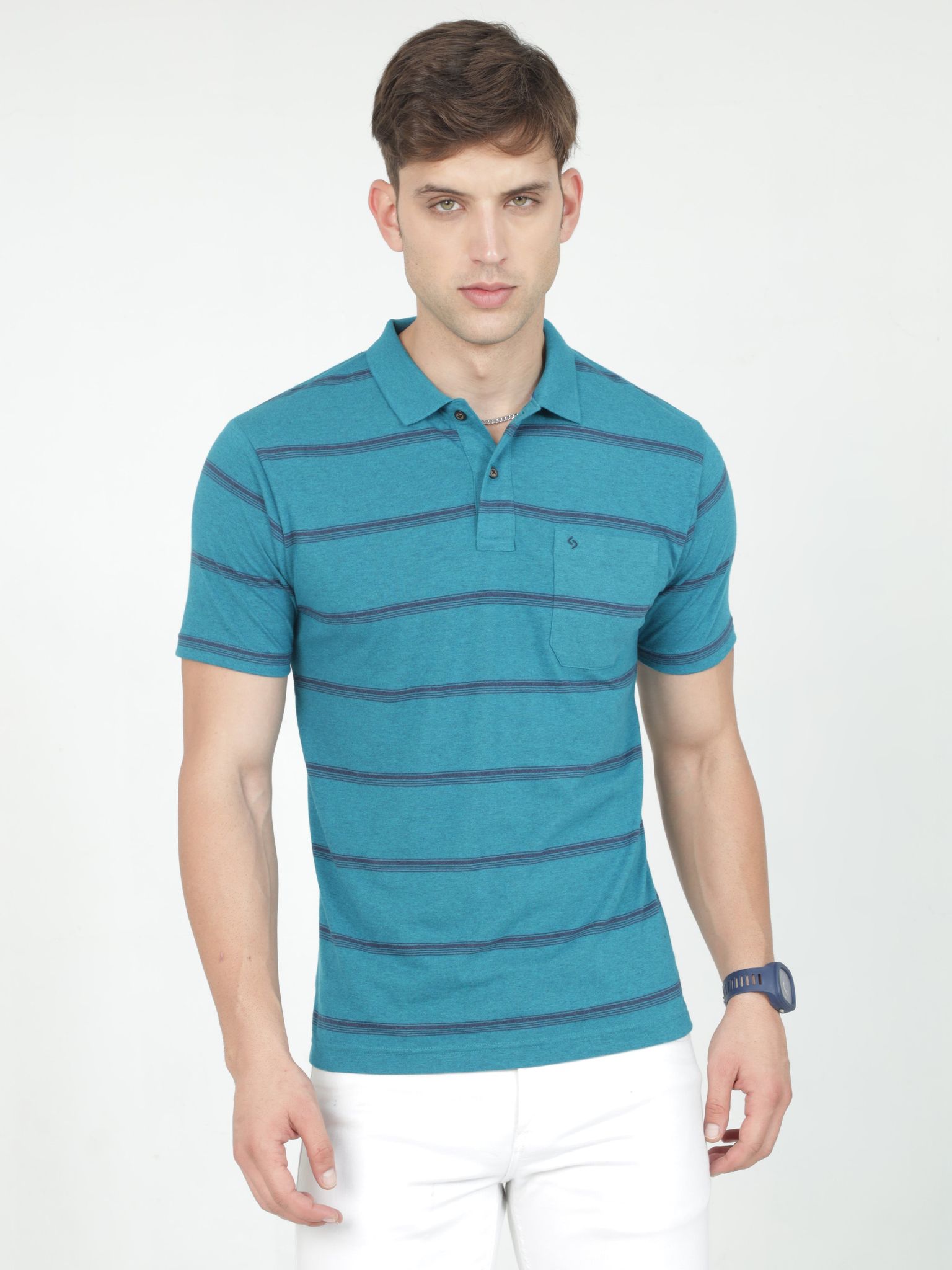 Classic Polo Mens Casual Teal Melange Striped Cotton T-Shirt | F-AVON - 115 B AF P