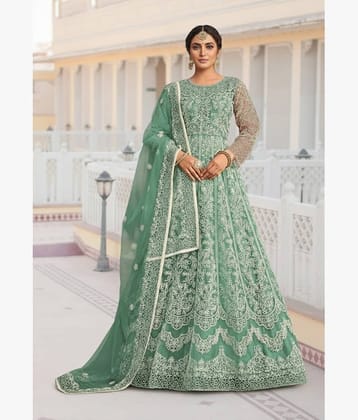 KV Fashion Women Net Flared Semi Stitched Ethnic Gown With Dupatta ( Lime Green )