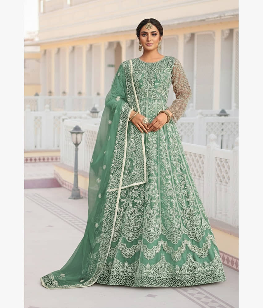 KV Fashion Women Net Flared Semi Stitched Ethnic Gown With Dupatta ( Lime Green )