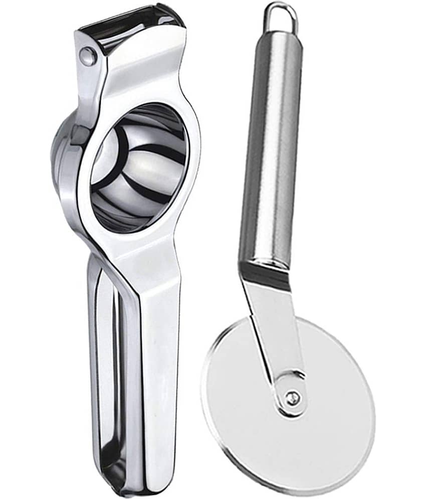 OC9 Silver Stainless Steel Lemon Squeezer+Pizza Cutter ( Set of 2 )