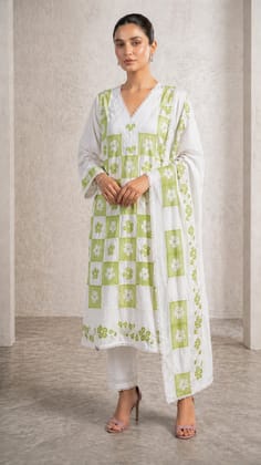 Arkandi Cotton Suit – White & Olive Green Floral Border Design Arkandi Cotton Suit – White & Olive Green Floral Border Design