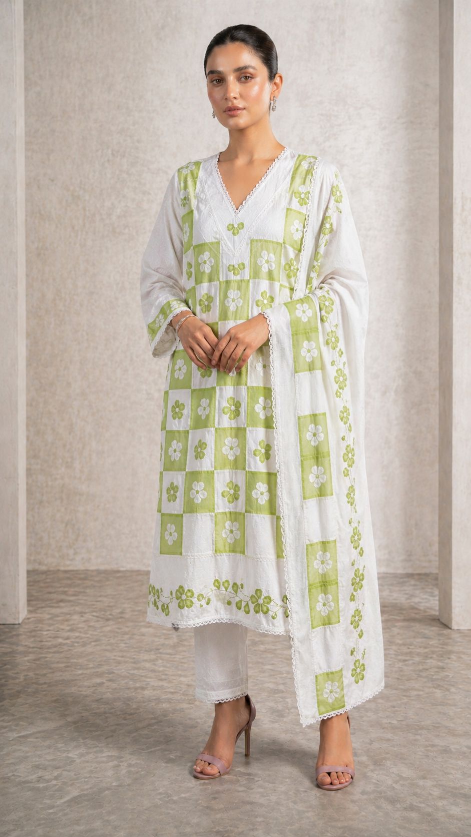 Arkandi Cotton Suit – White & Olive Green Floral Border Design
