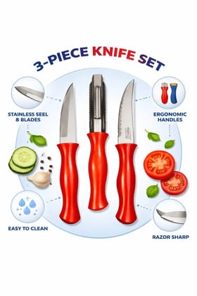 3 Pc stainless steel knife and peeler set with red handle