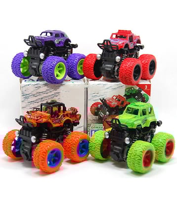 Rainbow Riders 8 PCS Mini Monster Car Set Friction-Powered, Unbreakable Toys with Big Rubber Tires for Kids - Red, Purple, Orange, Green - Ages 3+ Years