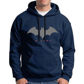 HIT SQUARE Mens Hooded Sweatshirt - Full Sleeve with Iconic Batman Print (Blue)