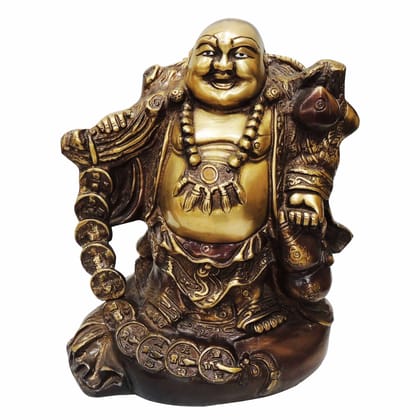 Brass Antique Laughing Buddha Statue - Good Luck Feng Shui Idol, Height : 10.5 Inch (BSMAS795 A)