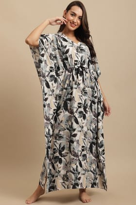 Black Floral Printed Viscose Rayon Kaftan For Women-ONESIZE