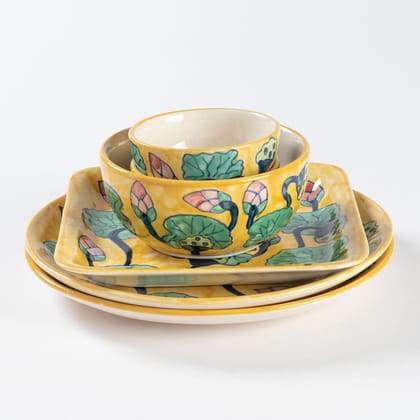 Water Lily Hand-Painted 6-Piece Ceramic Dinner Set-Yellow / Green / Lead Free Ceramic
