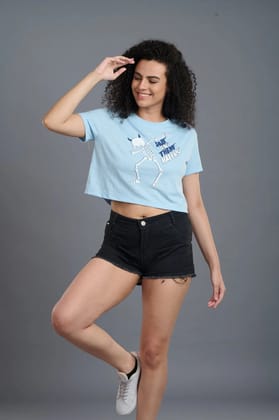 Skeleton Printed Sky Blue Crop Top for Women S