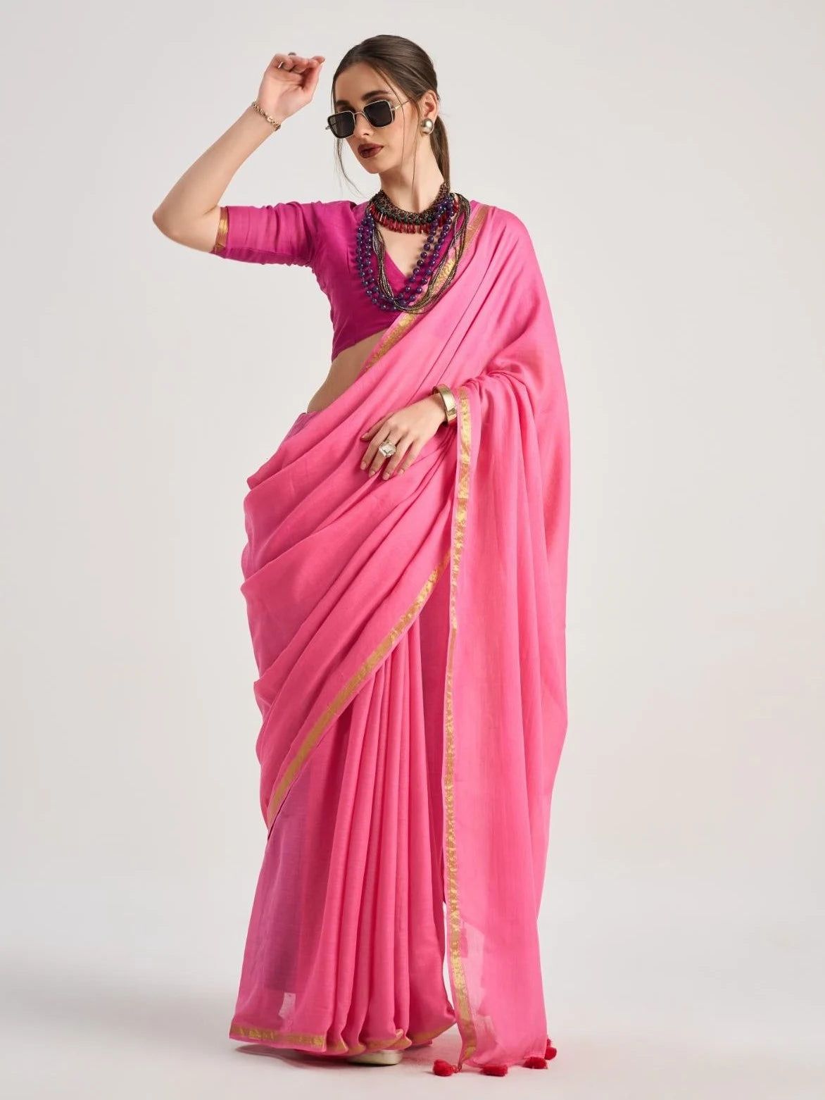Light Pink Mul Mul Cotton Saree With Blouse