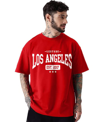 Leotude Men Cotton Blend Oversized Fit Printed T-Shirt ( Red )